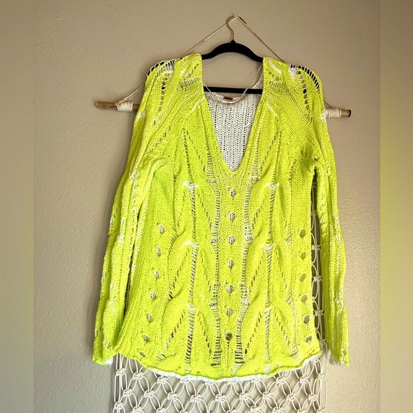 Free People Sunshine Crochet Cable Knit Sweater Highlighter Yellow - Picture 1 of 4